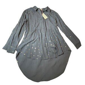 Solitaire Women's Medium Gray artisan Metallic Floral High-Low Button-Up Tunic S